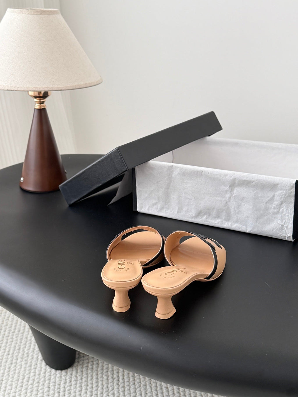 CHANEL HIGH MULES IN BEIGE MIX BLACK CALFSKIN