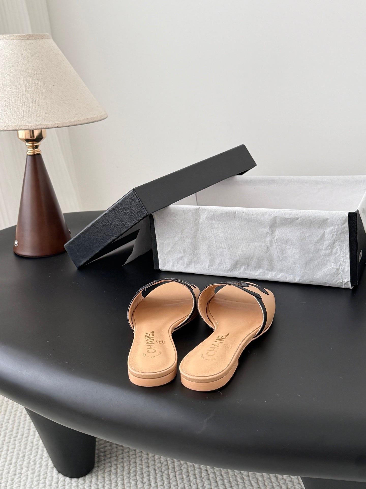 CHANEL MULES IN BEIGE MIX BLACK CALFSKIN