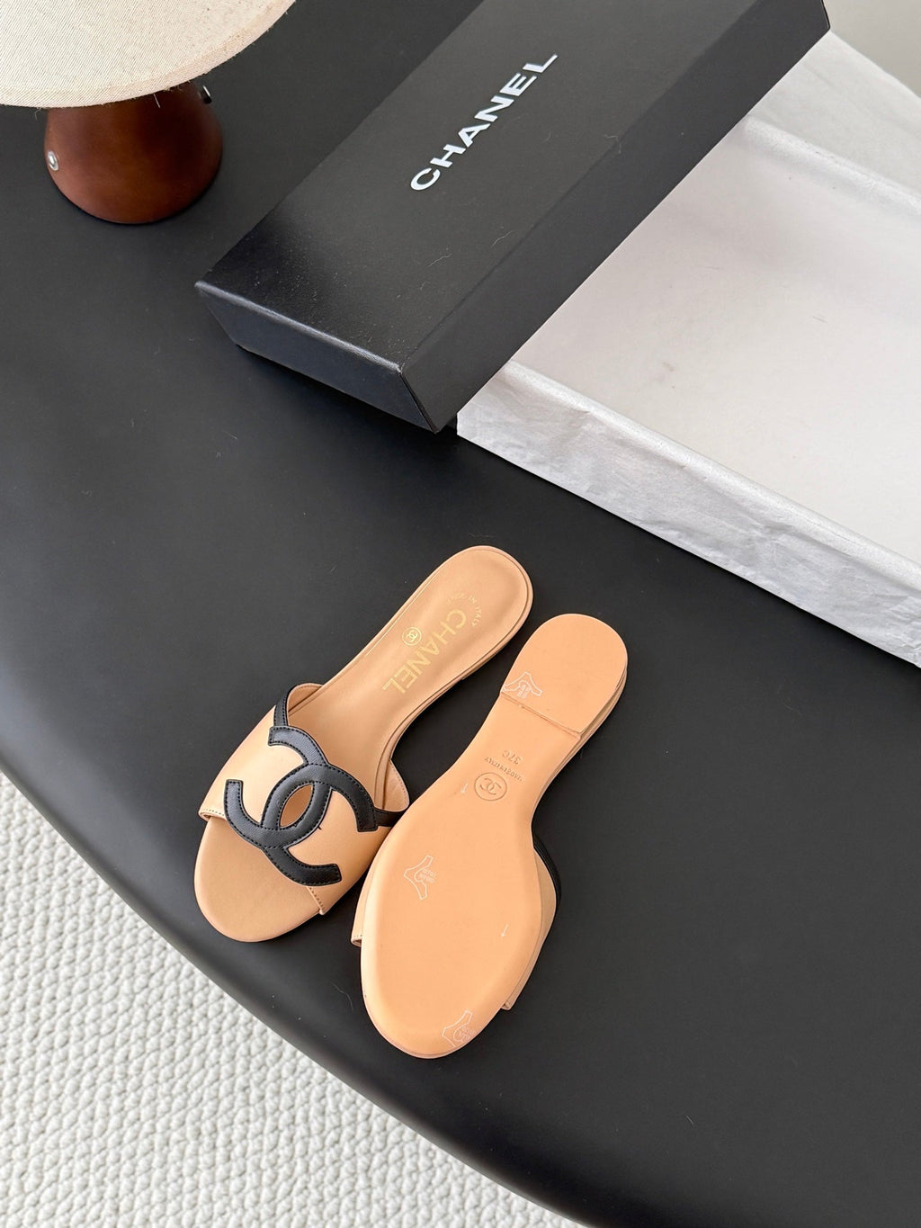 CHANEL MULES IN BEIGE MIX BLACK CALFSKIN