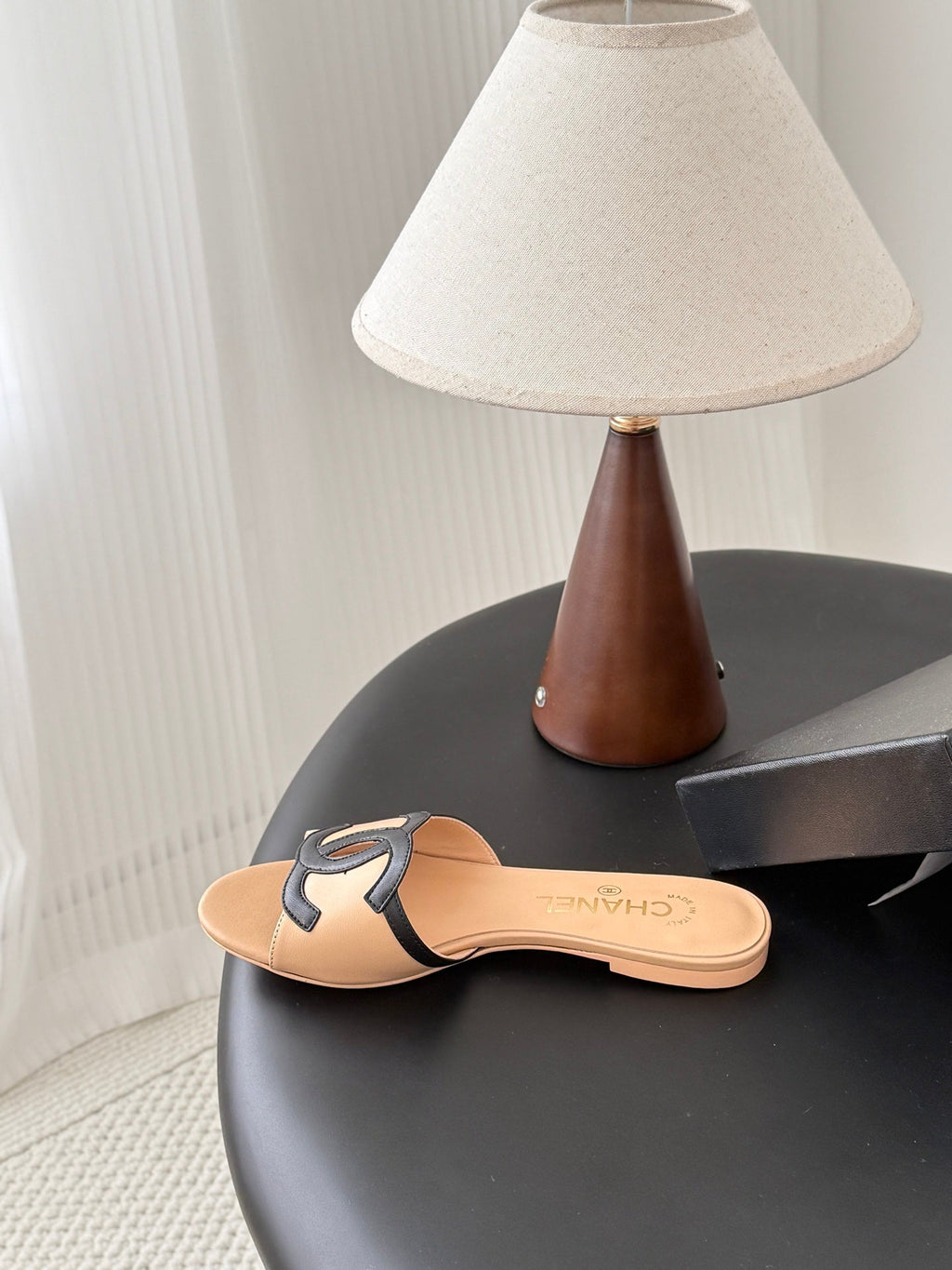 CHANEL MULES IN BEIGE MIX BLACK CALFSKIN