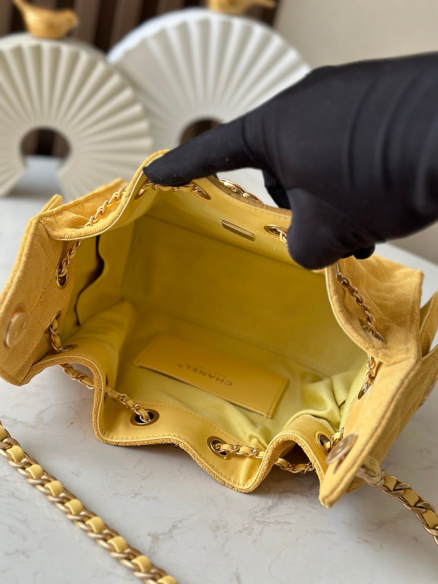 CHANEL 25S HOBO BAG 22 IN YELLOW SUEDE GOLD HARDWARE