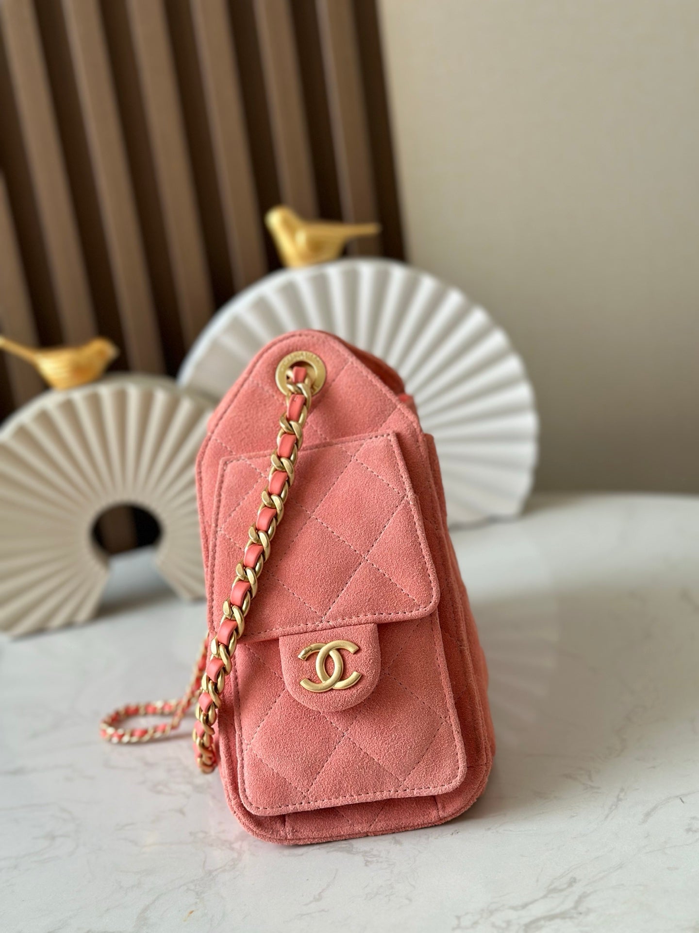 CHANEL 25S HOBO BAG 22 IN CORAL PINK SUEDE GOLD HARDWARE