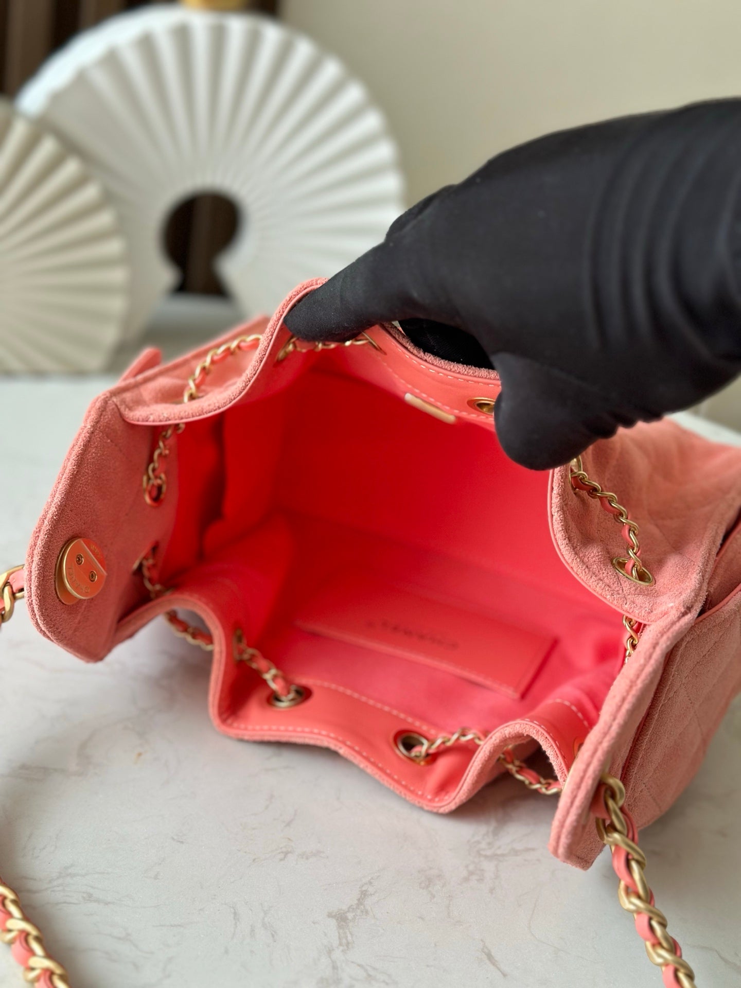 CHANEL 25S HOBO BAG 22 IN CORAL PINK SUEDE GOLD HARDWARE