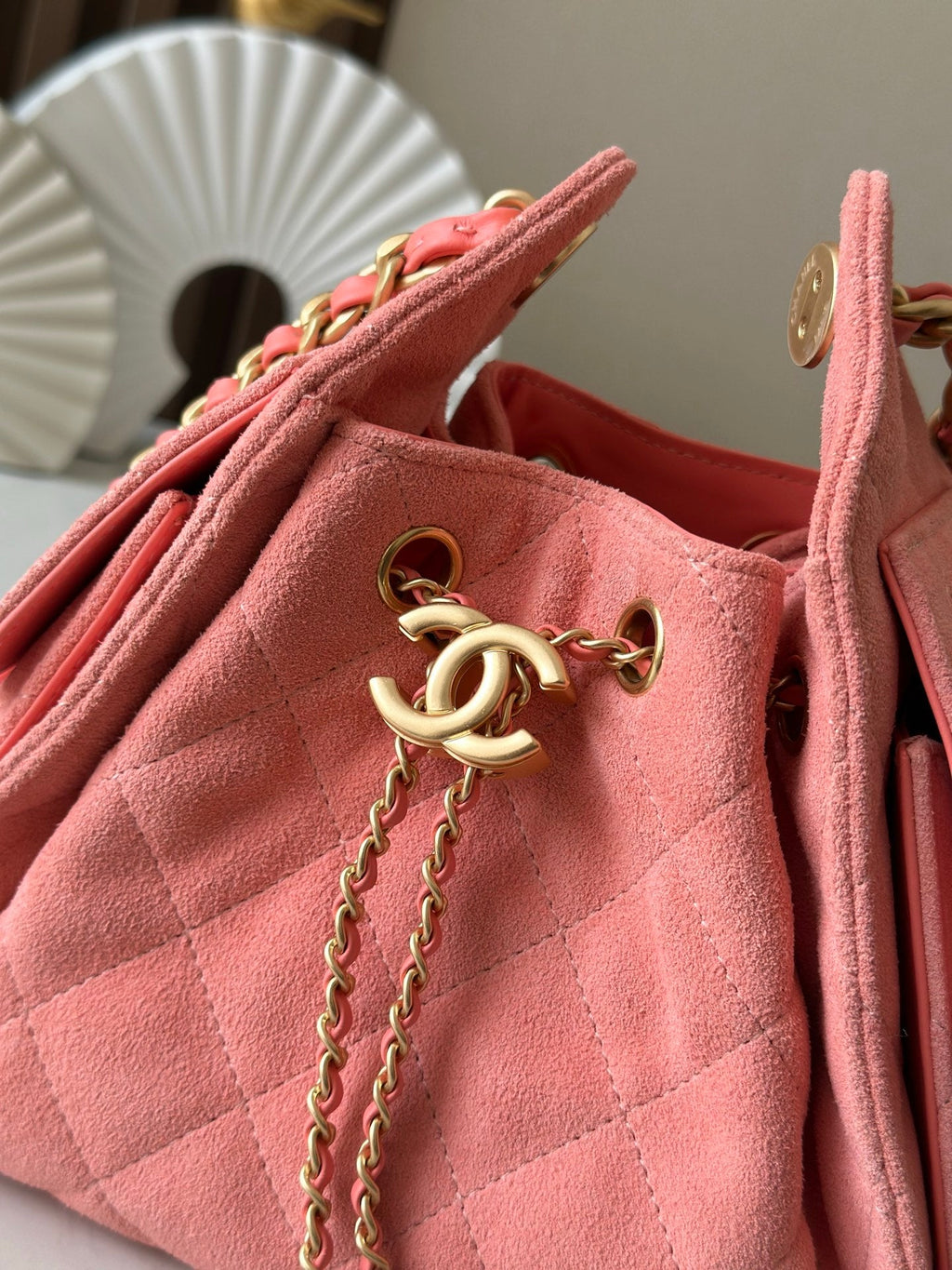 CHANEL 25S HOBO BAG 22 IN CORAL PINK SUEDE GOLD HARDWARE