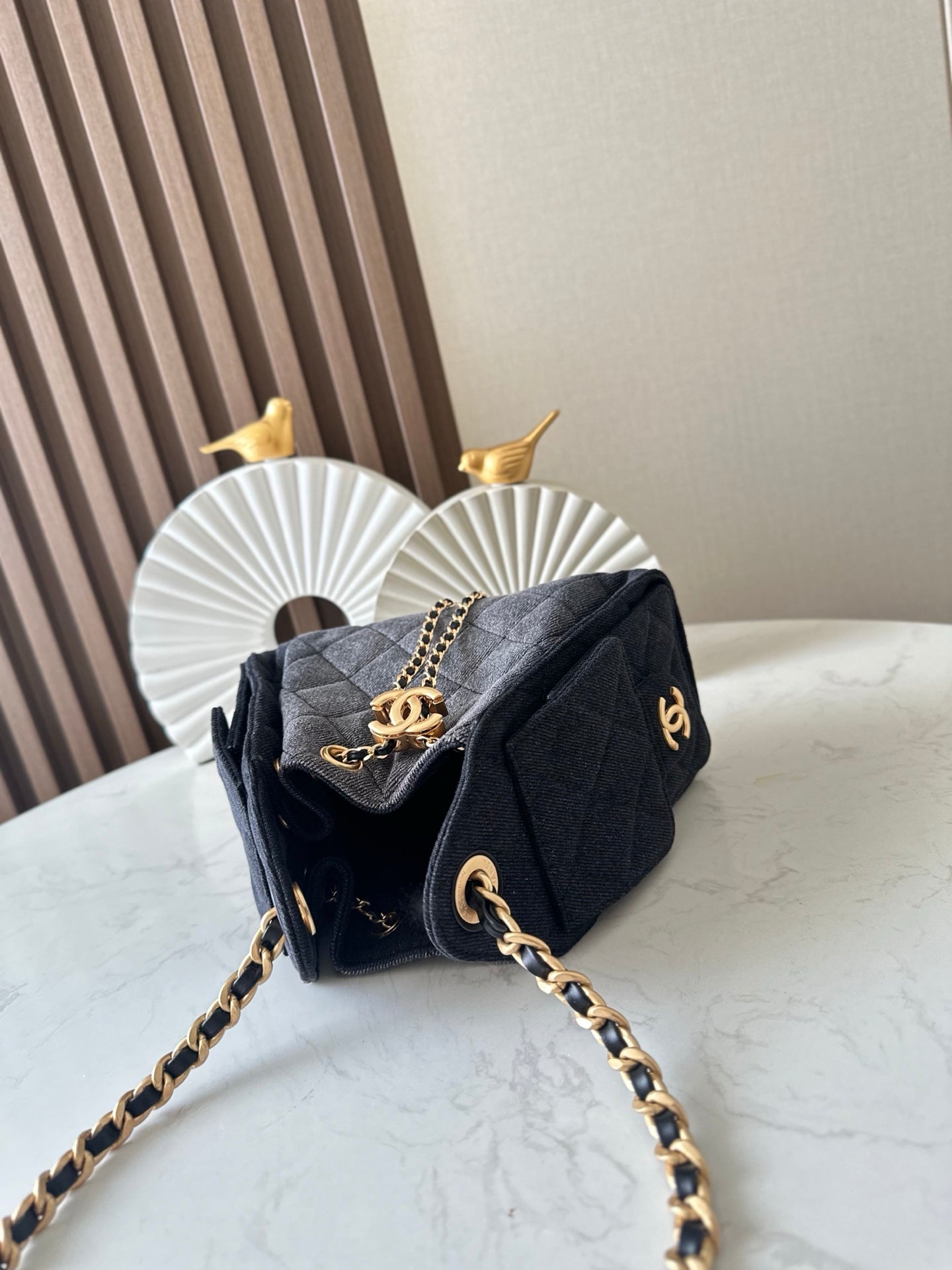 CHANEL 25S HOBO BAG 22 IN CHARCOAL GREY DENIM GOLD HARDWARE