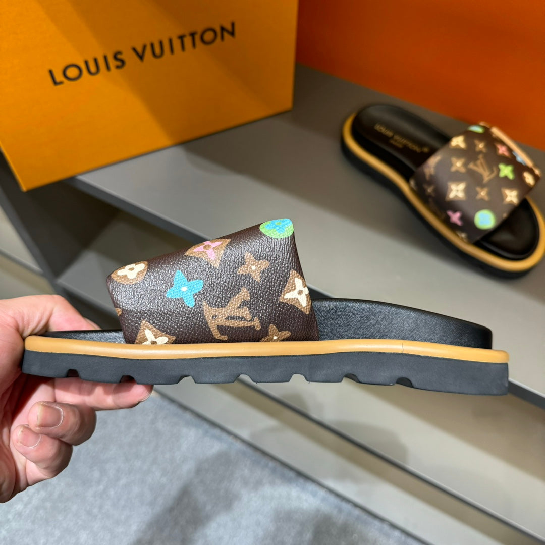 LV VELCRO SLIPPERS IN CHOCOLATE BROWN MONOGRAM CALFSKIN
