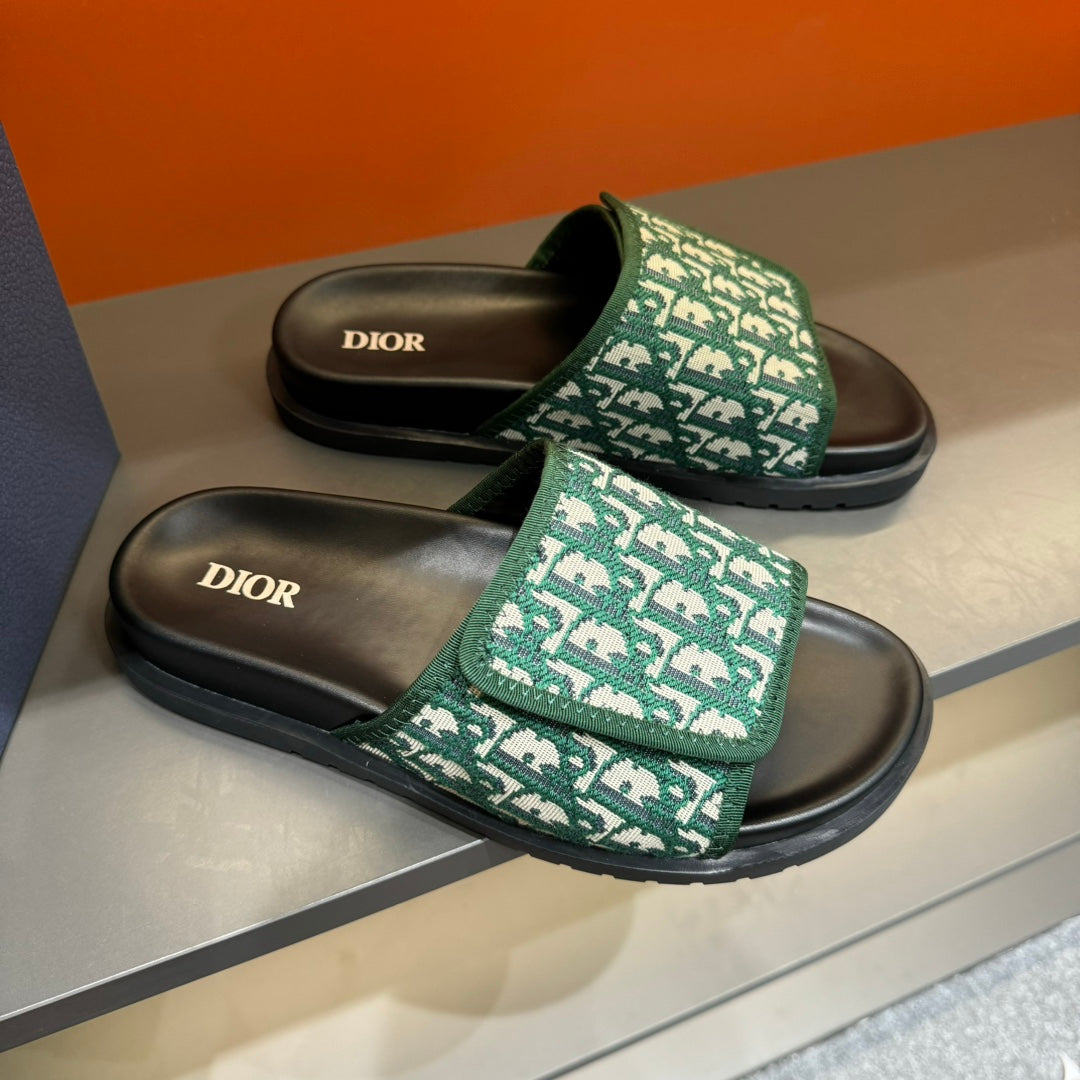 CD VELCRO STRAP SLIPPER DARK GREEN JACQUARD