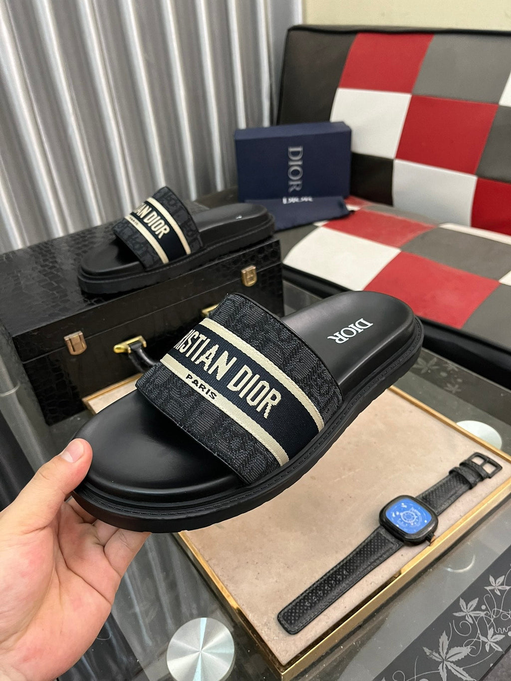 CD SLIDE LETTER SLIPPER BLACK CALFSKIN