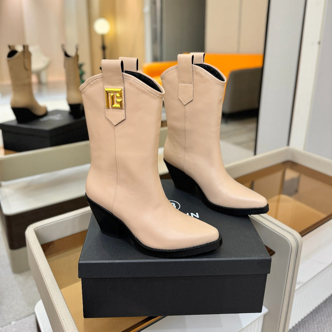 BALMAIN 26S COWBOY ANKLE BOOTS 65 MM IN BEIGE CALFSKIN