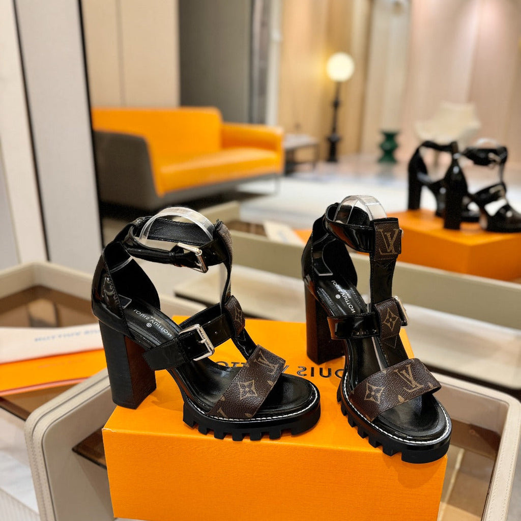 LV 26S STAR TRAIL HEELS 100 MM IN DARK BROWN AND BLACK CALFSKIN