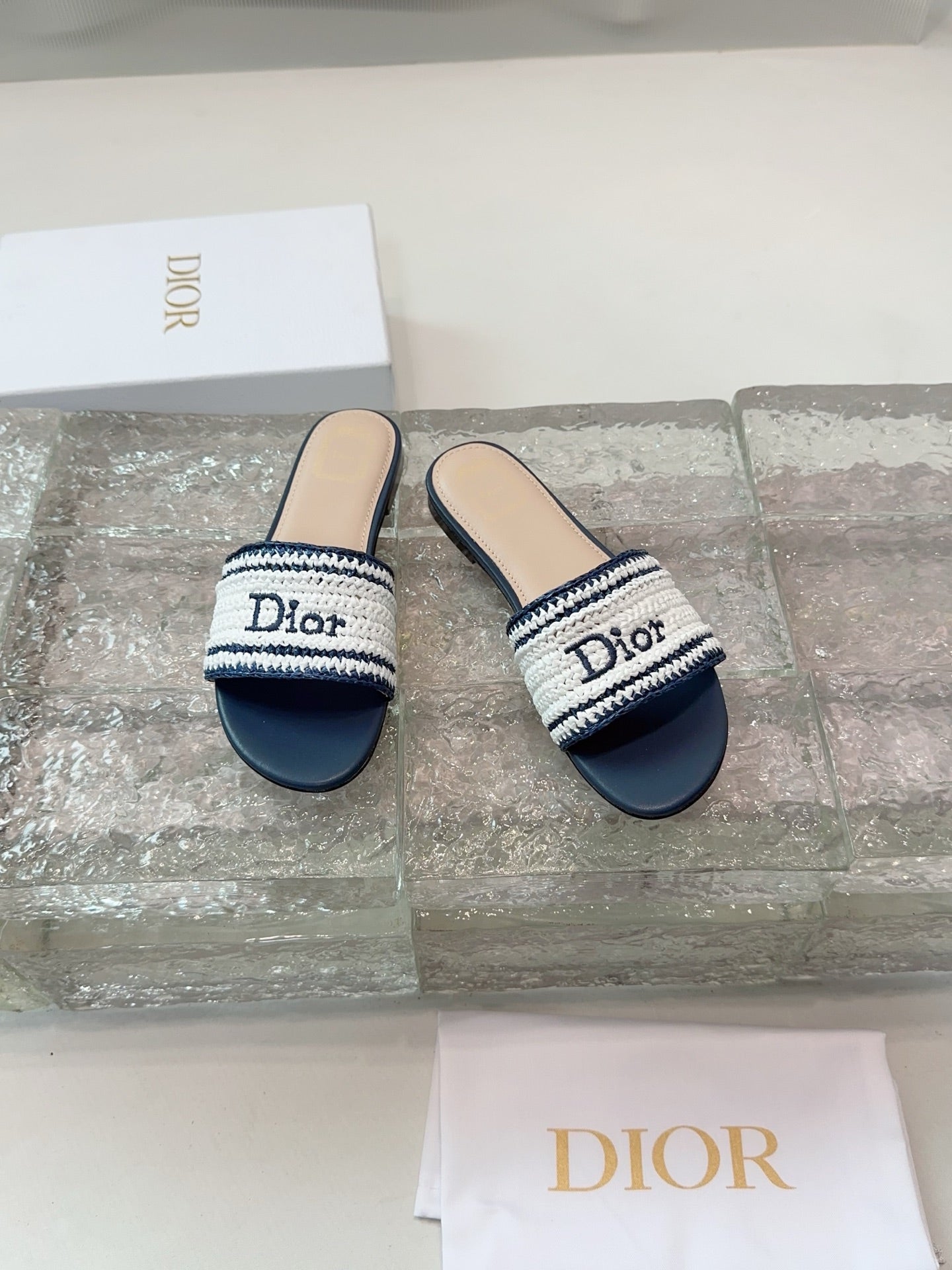 DIOR 26S WOVEN-STRAP SANDALS IN WHITE AND NAVY BLUE CALFSKIN