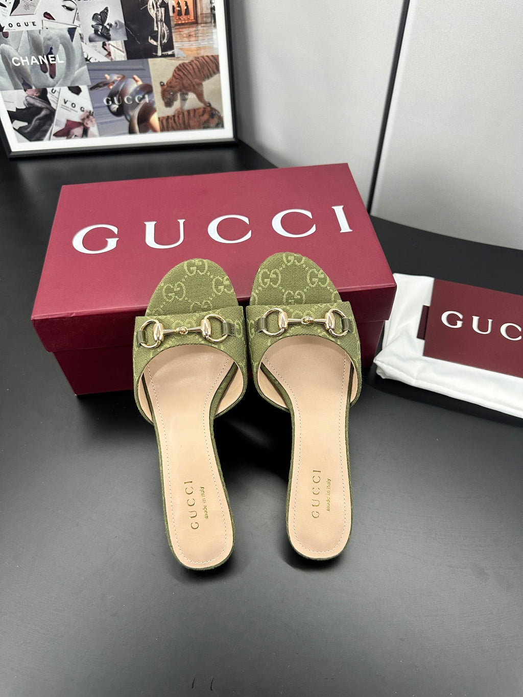 GUCCI 26S HIGH-HEELED SANDALS 50 MM IN MOSS GREEN CANVAS