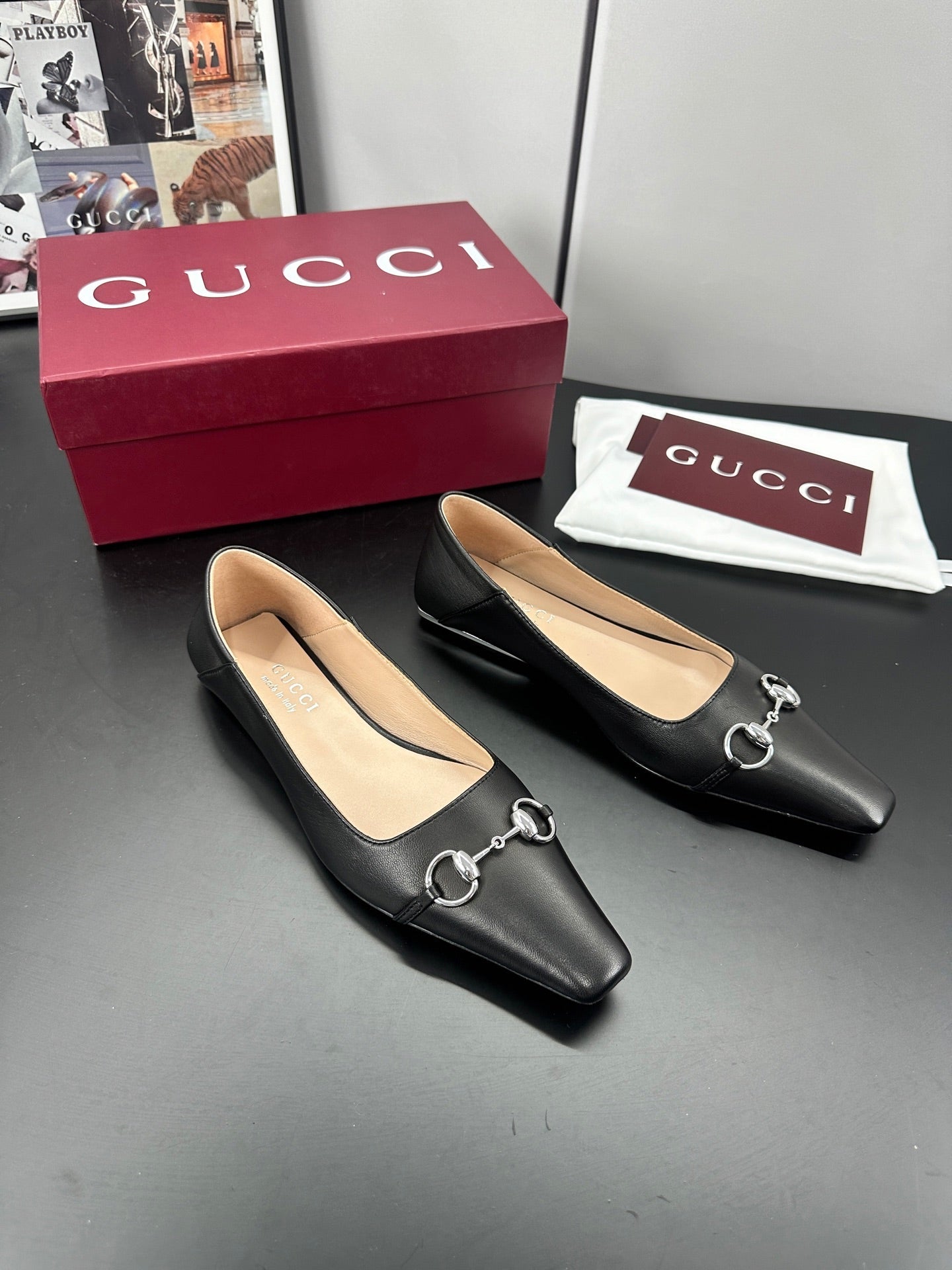 GUCCI 26S VITTORIA BALLERINA SHOES IN BLACK CALFSKIN