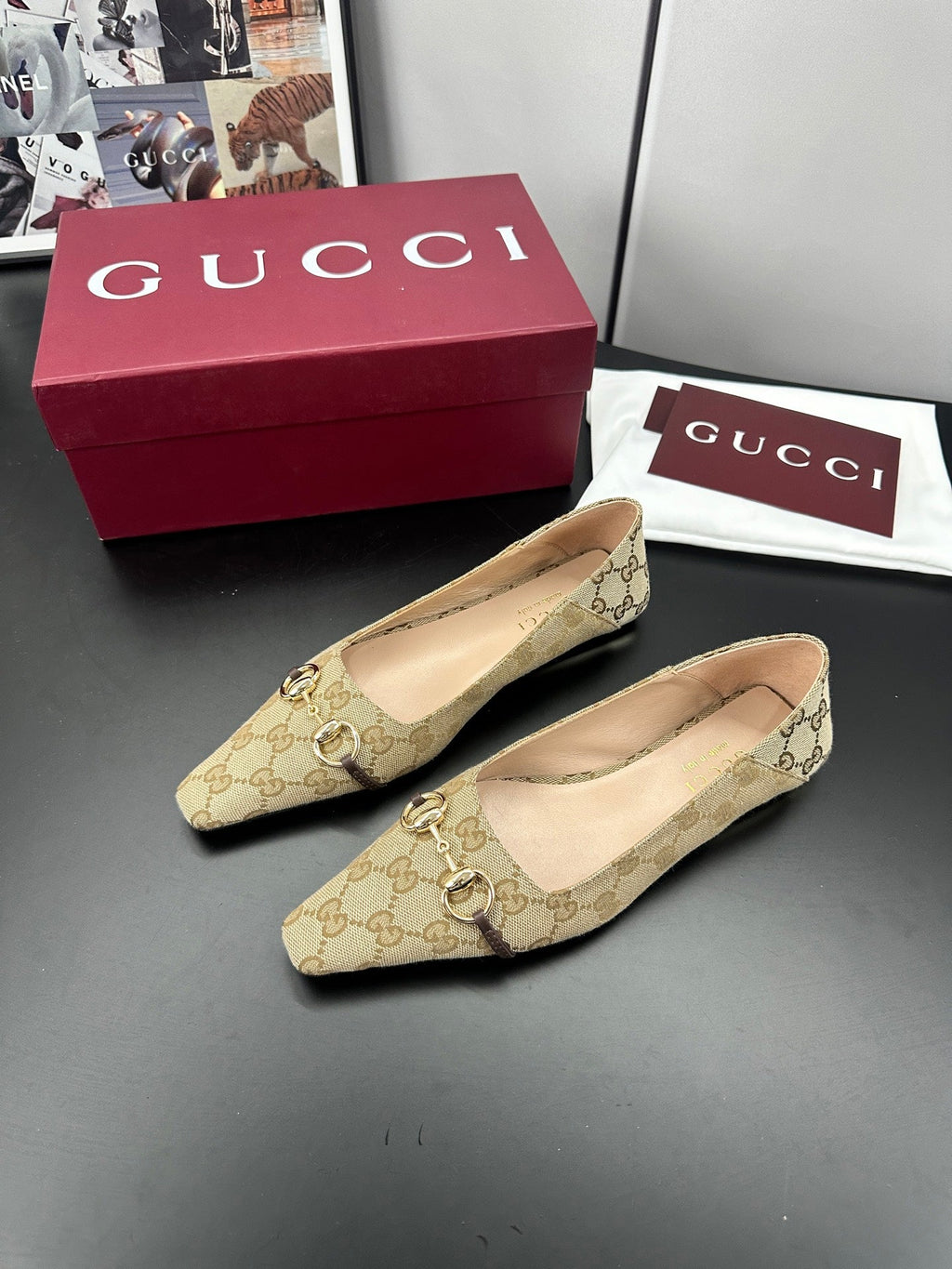 GUCCI 26S VITTORIA BALLERINA SHOES IN DARK BEIGE CANVAS