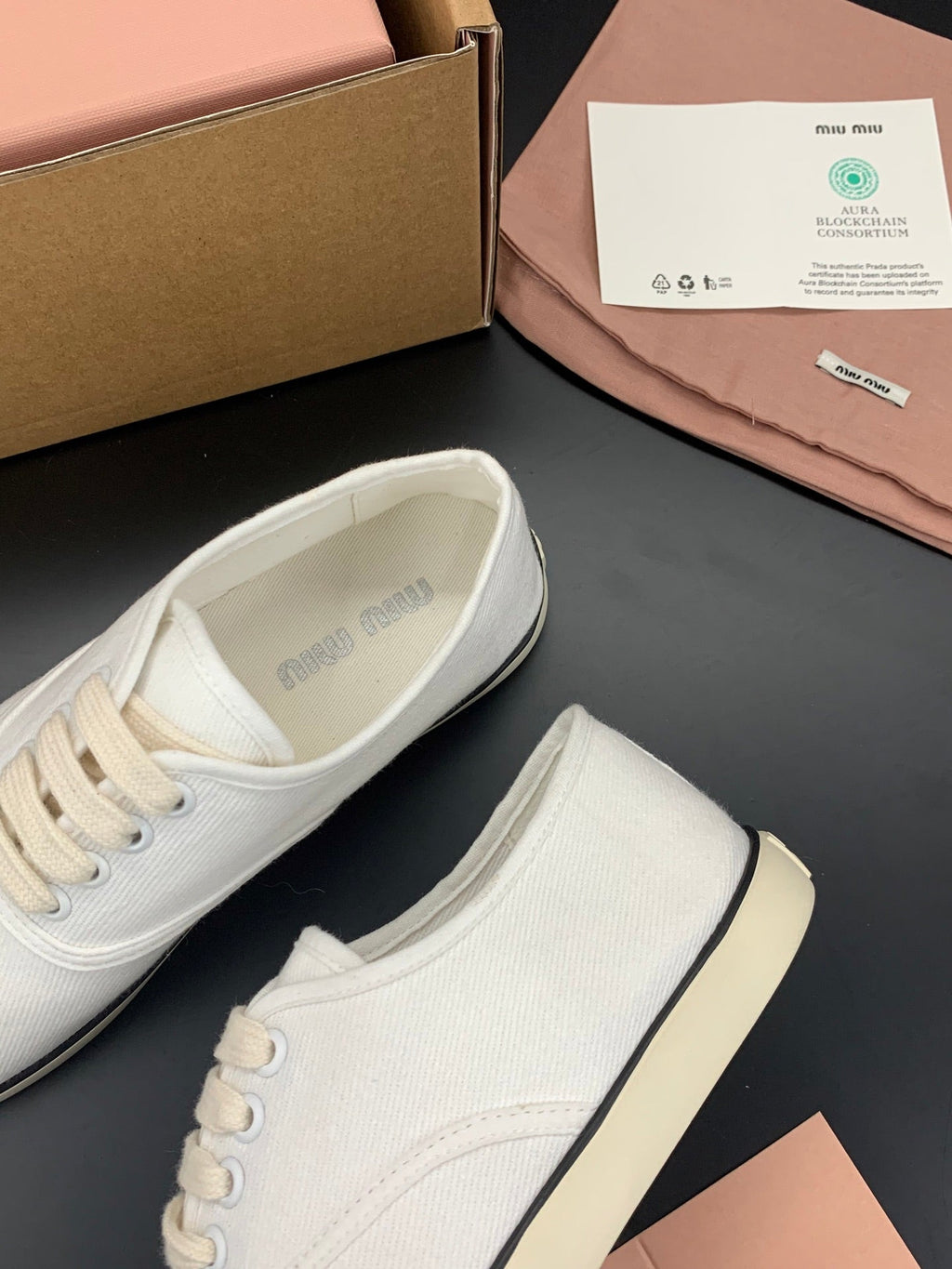 MIUMIU 26S LACE UP SNEAKERS IN WHITE CANVAS RUBBER SOLE
