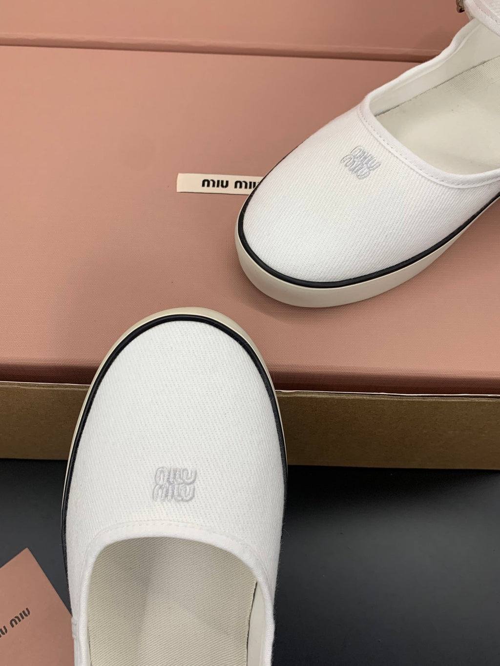 MIUMIU 26S MARY JANE FLATS IN WHITE CANVAS LOGO