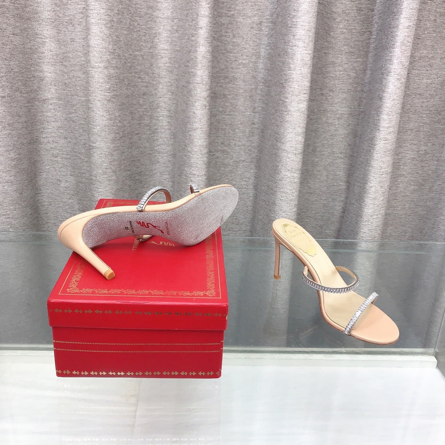 RENE CAOVILLA 26S HIGH-HEELED SANDALS 85 MM IN BEIGE LAMBSKIN