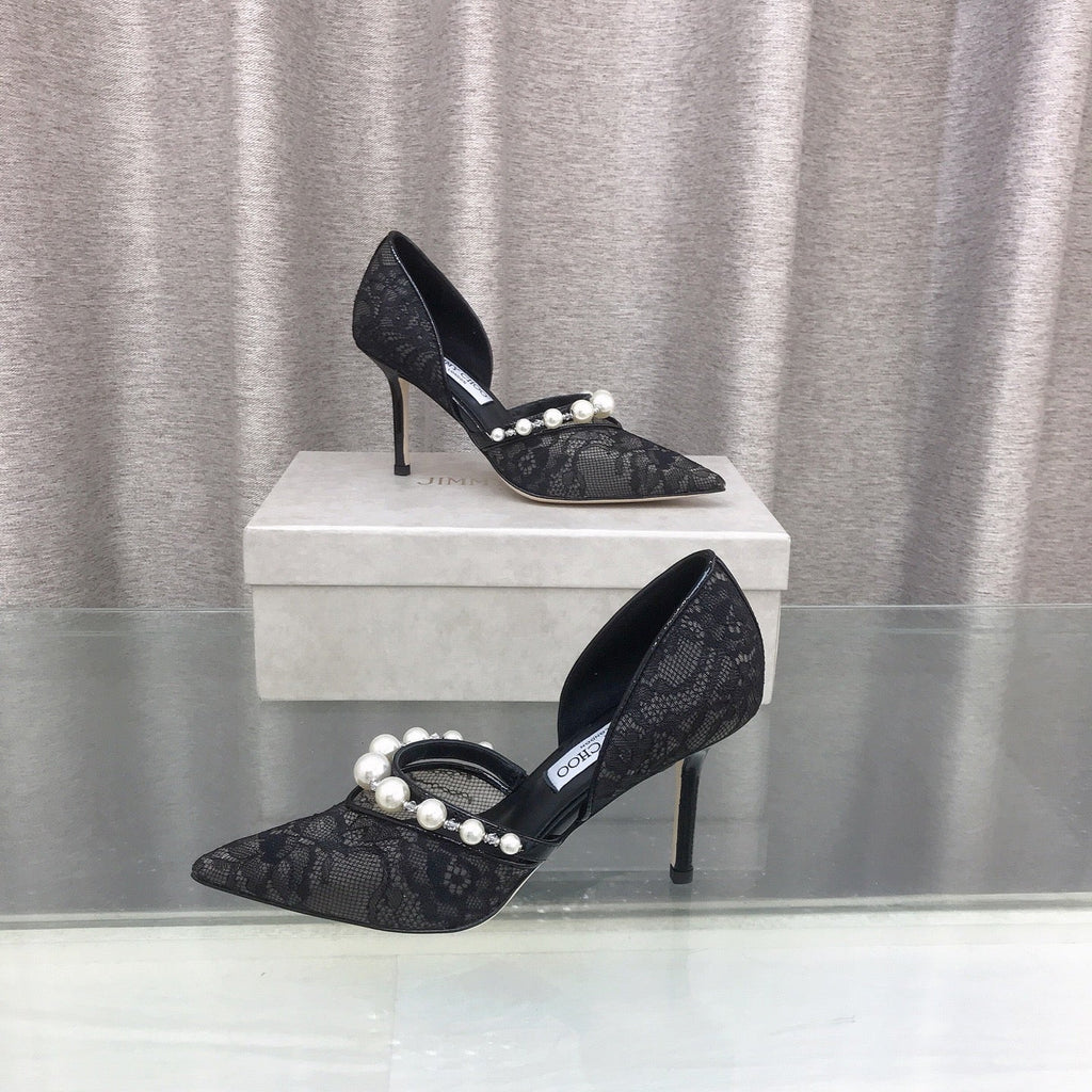 JIMMY CHOO 26S HIGH HEELS 85 MM IN BLACK LACE PEARL-EMBELLISHED