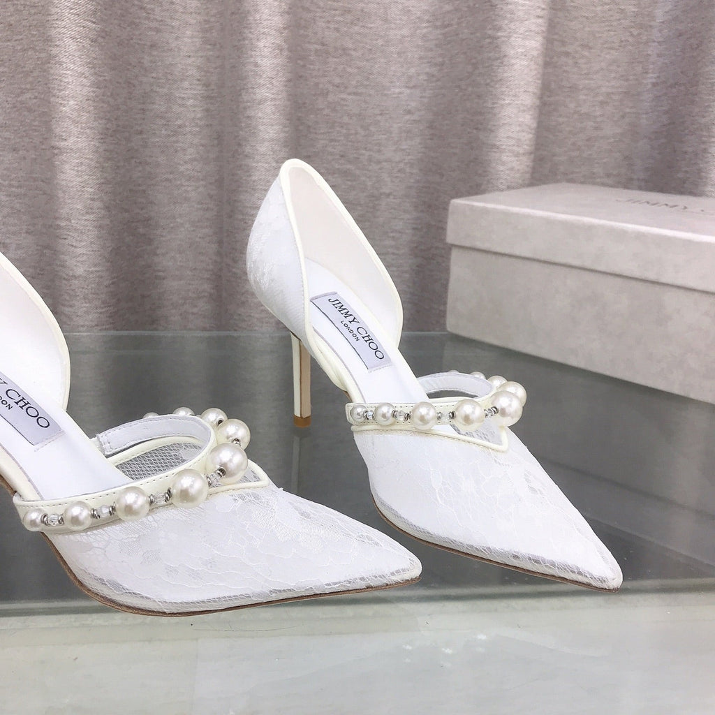 JIMMY CHOO 26S HIGH HEELS 85 MM IN WHITE LACE PEARL-EMBELLISHED