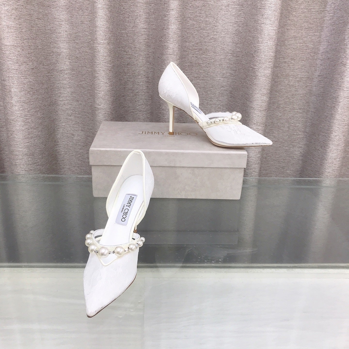 JIMMY CHOO 26S HIGH HEELS 85 MM IN WHITE LACE PEARL-EMBELLISHED