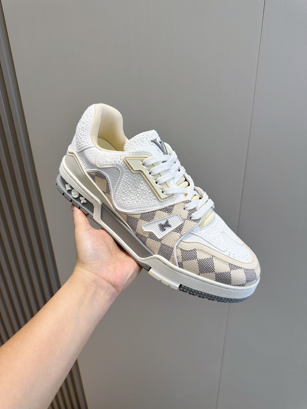 LV TRAINER BEIGE CREAM DAMIER MIX WHITE GRAINED CALFSKIN