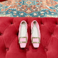 BELLE VIVIER BALLERINAS IN PINK SHINY LAMBSKIN GOLD PATENT SQUARE BUCKLE