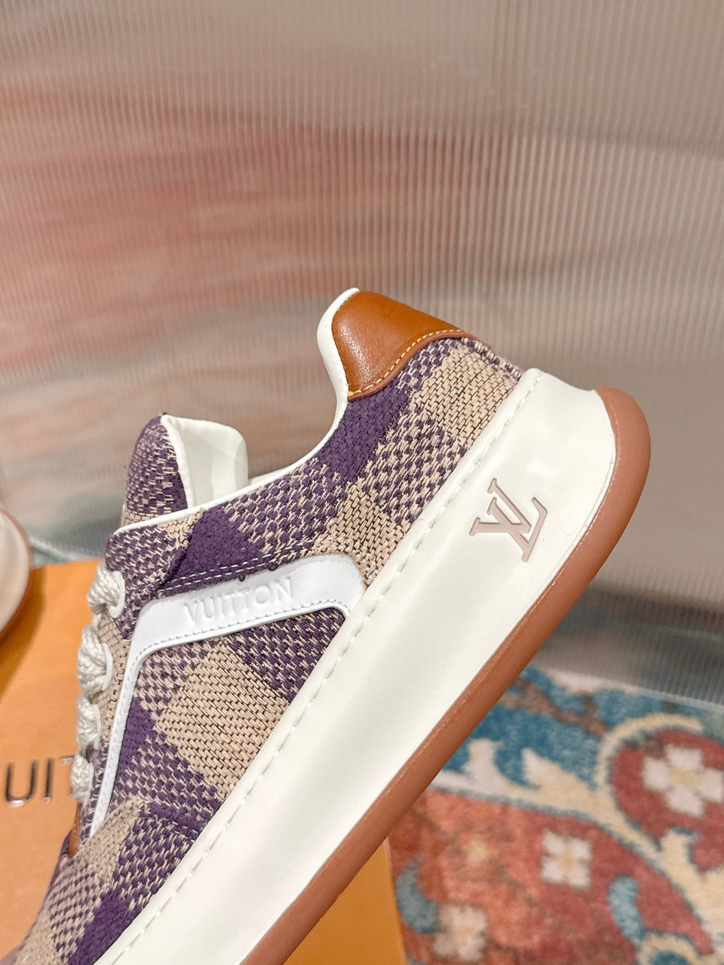 LV 26S PLAID SNEAKERS IN BEIGE MIX PURPLE FABRIC