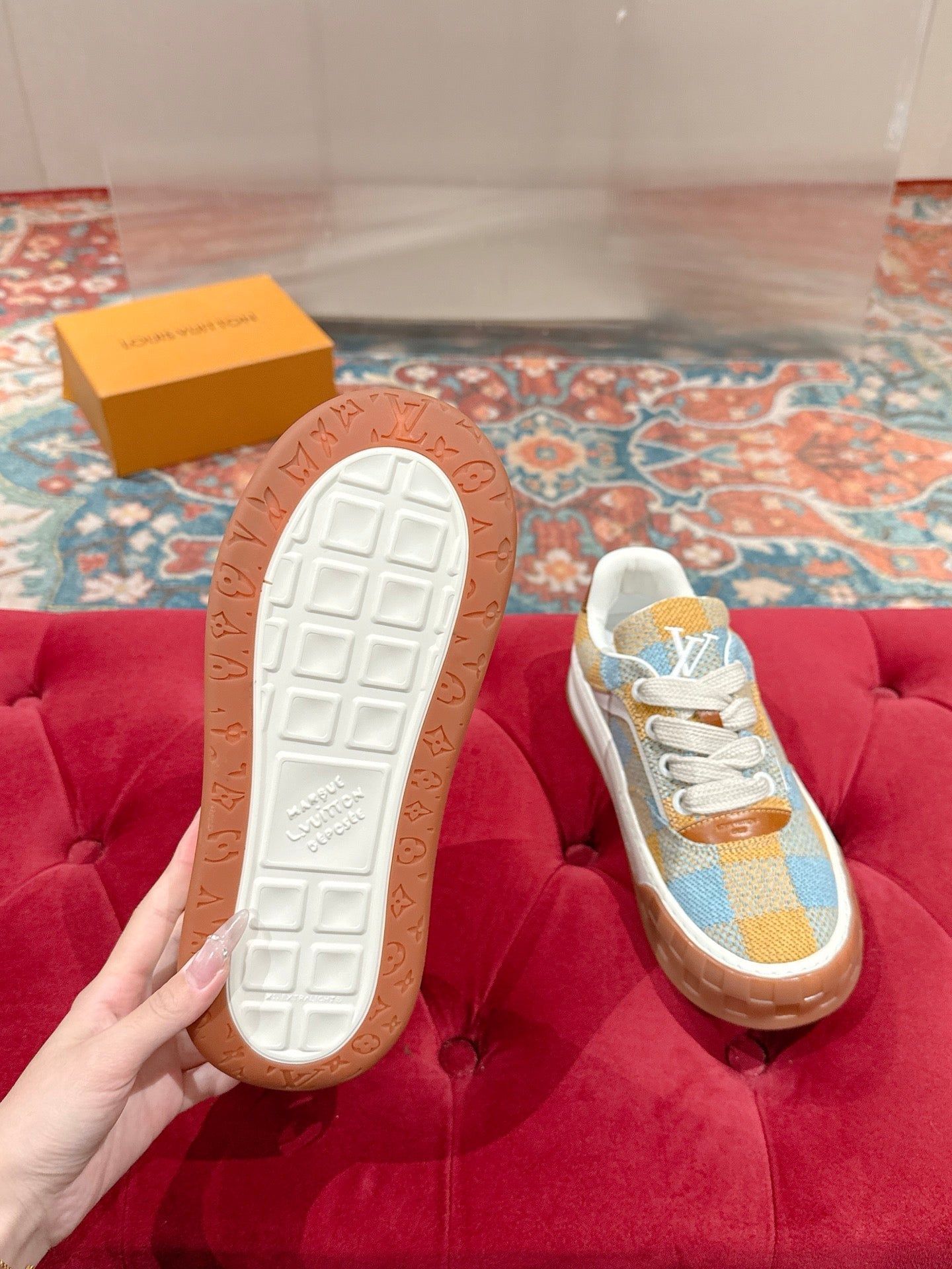 LV 26S PLAID SNEAKERS IN YELLOW MIX SKY BLUE FABRIC