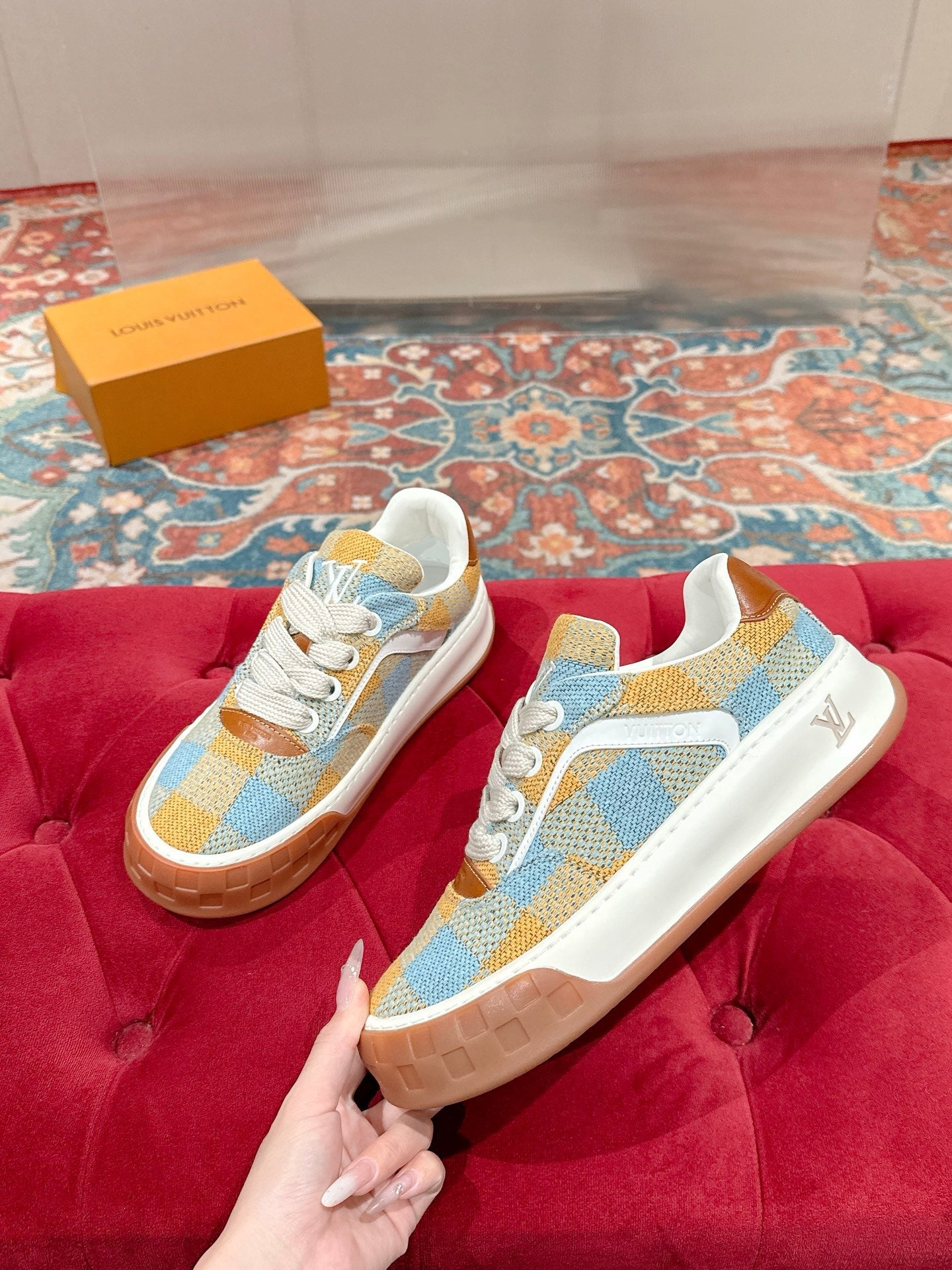 LV 26S PLAID SNEAKERS IN YELLOW MIX SKY BLUE FABRIC