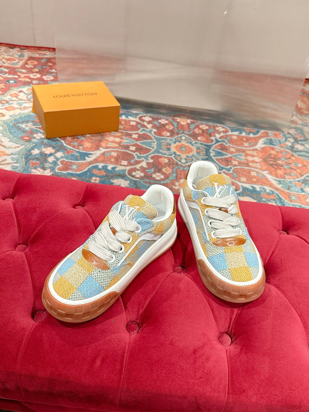 LV 26S PLAID SNEAKERS IN YELLOW MIX SKY BLUE FABRIC