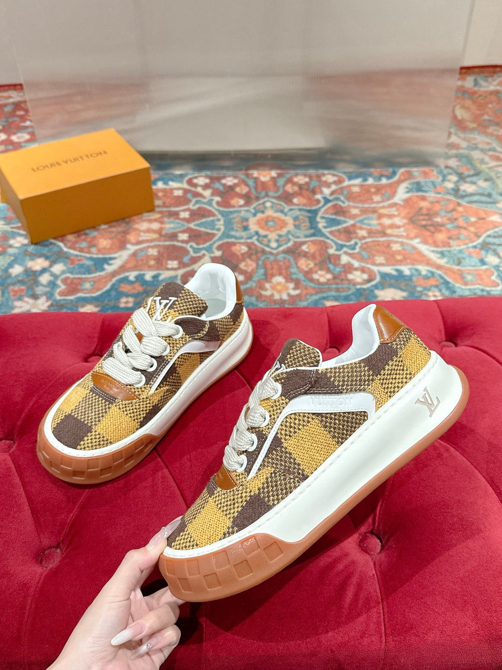 LV 26S PLAID SNEAKERS IN BROWN MIX YELLOW FABRIC