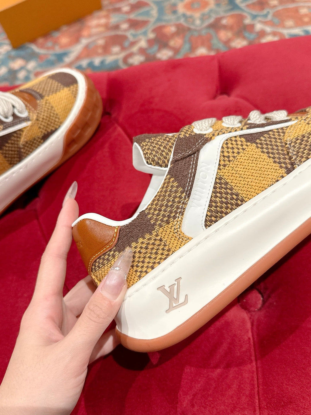 LV 26S PLAID SNEAKERS IN BROWN MIX YELLOW FABRIC