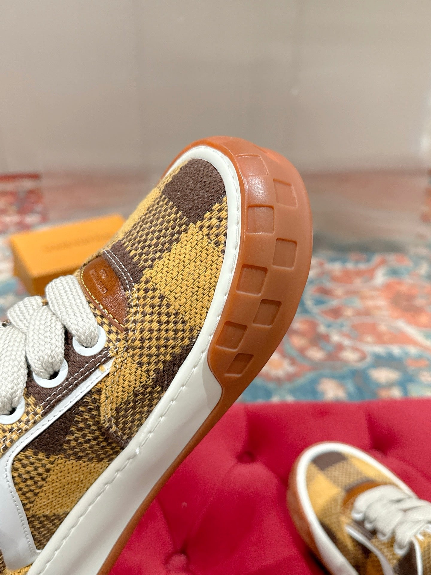 LV 26S PLAID SNEAKERS IN BROWN MIX YELLOW FABRIC