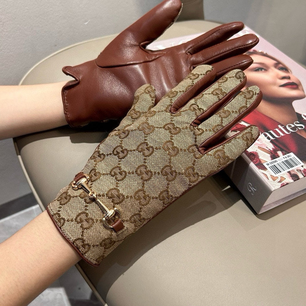 HORSEBIT GLOVES IN BEIGE MONOGRAM JACQUARD FABRIC MIX RED BROWN SHEEPSKIN 456332