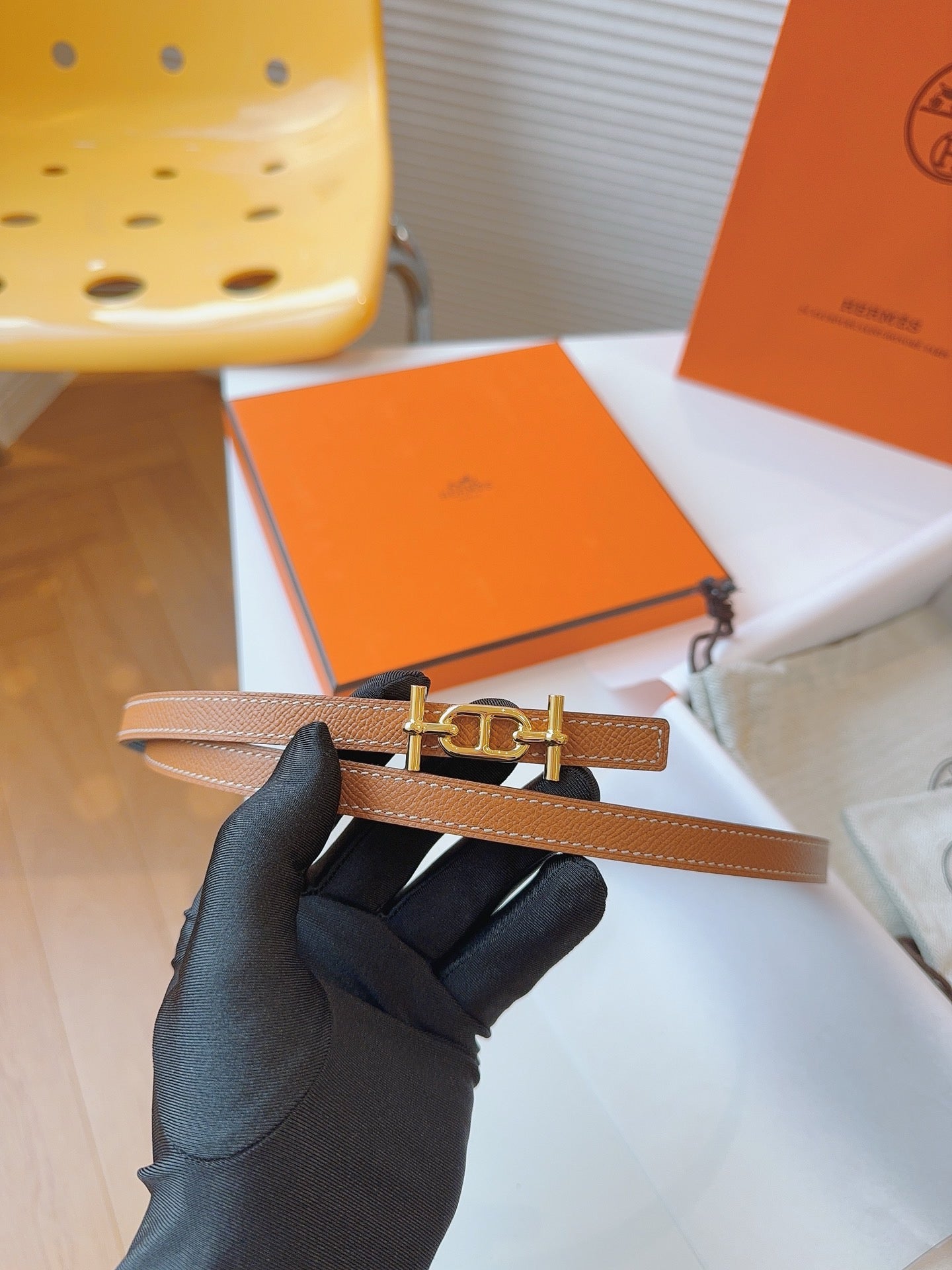HM REVERSIBLE ANCRE KIT 13MM BELT IN BROWN CALFSKIN GOLD-TONE HARDWARE