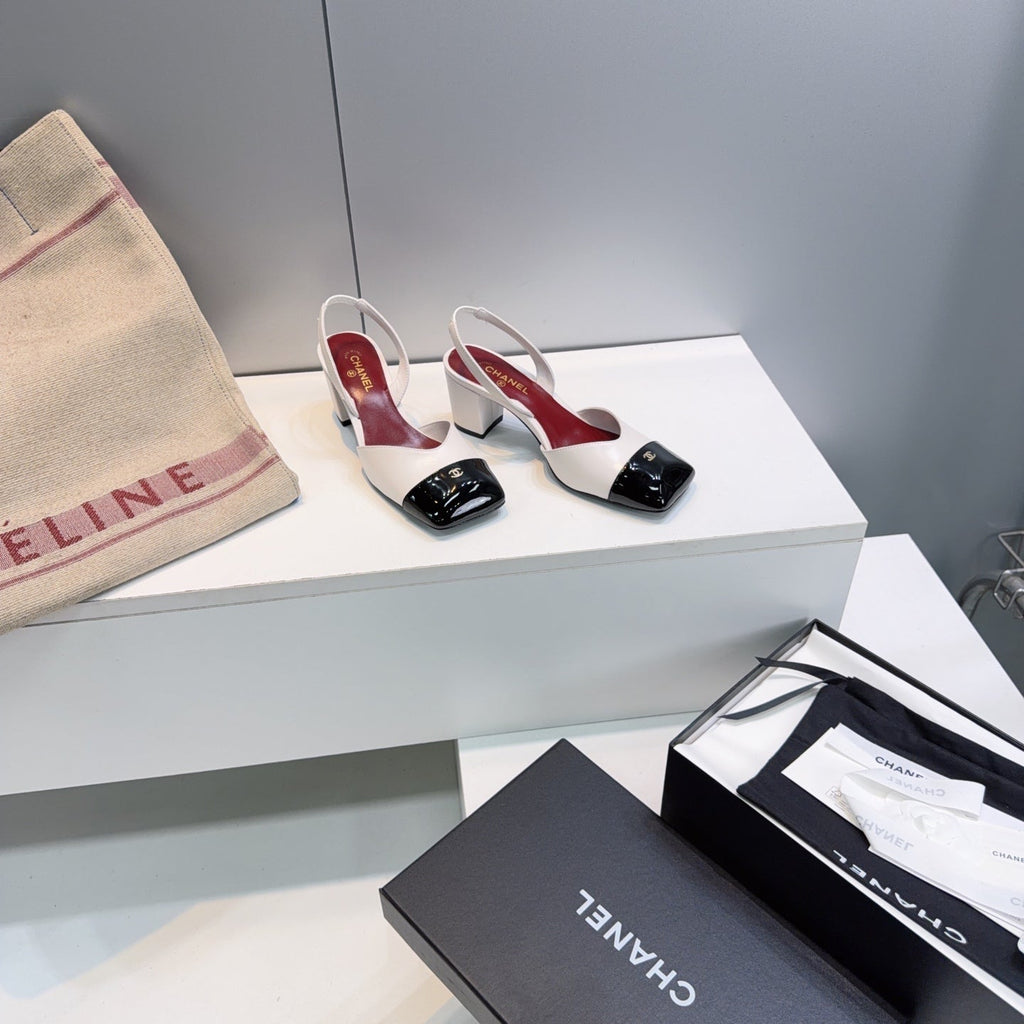 CHANEL 26S SLINGBACK 55 MM IN WHITE LAMBSKIN WITH BLACK CAP TOE