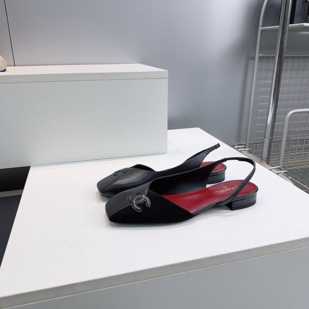 CHANEL 26S FLAT SLINGBACK IN BLACK SUEDE AND LAMBSKIN