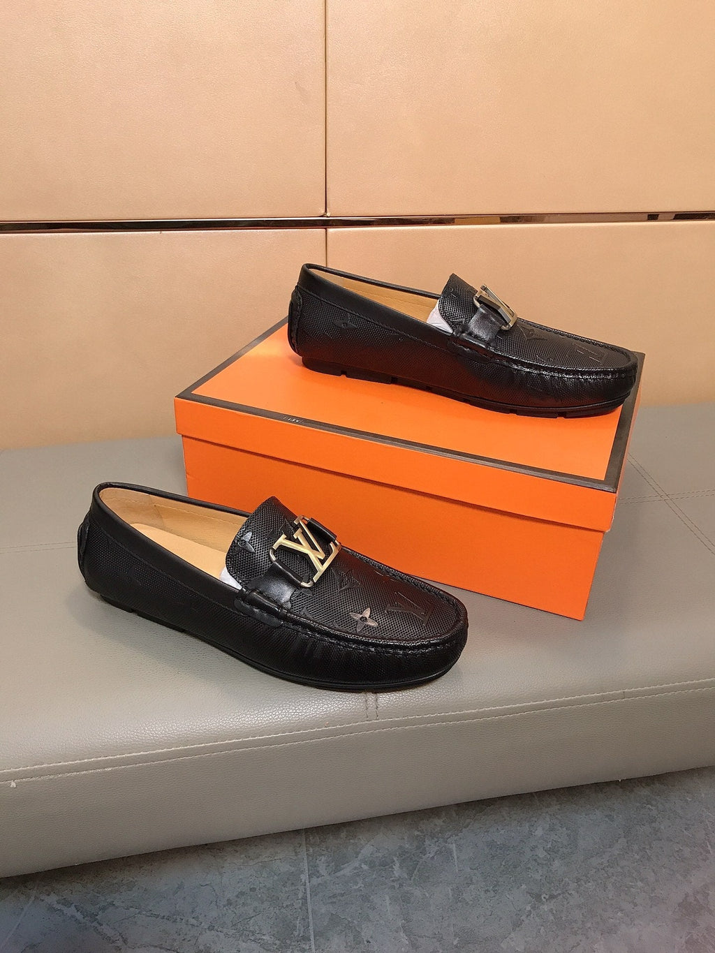 LV LOAFERS IN BLACK CALFSKIN WITH BRANDED EMBOSSING