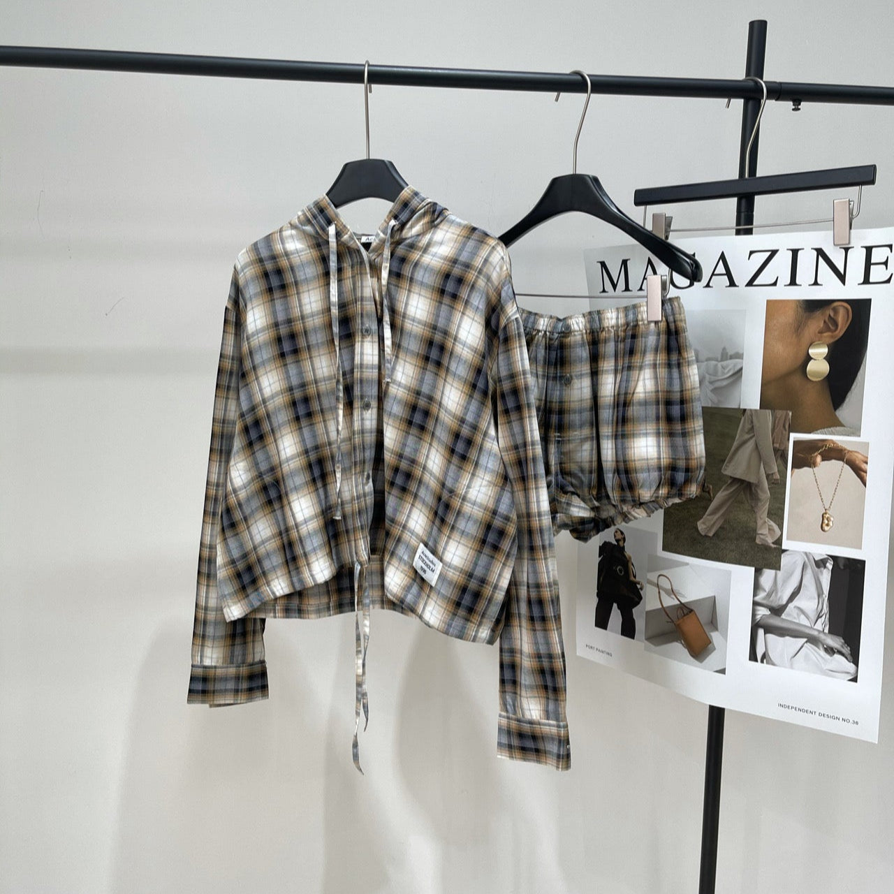ACNE STUDIOS INSPIRED HOODED PLAID SHIRT + PAPERBAG SHORTS SET 267905