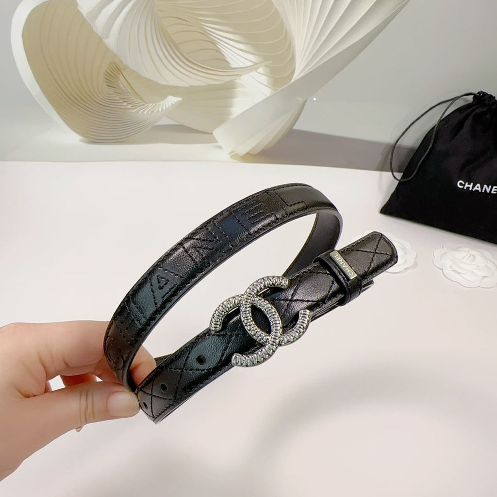 CC BELT 20 MM IN BLACK EMBROIDERED CALFSKIN WITH SILVER HARDWARE