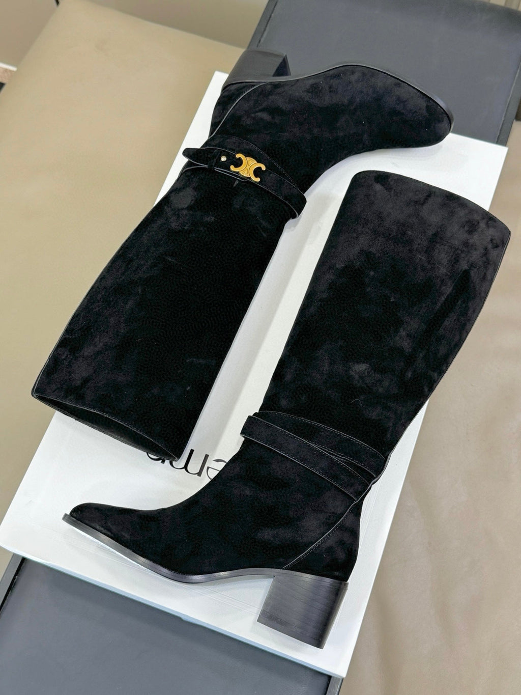 CELINE 26S HIGH-TOP BOOTS IN BLACK SUEDE WITH GOLD HARDWARE