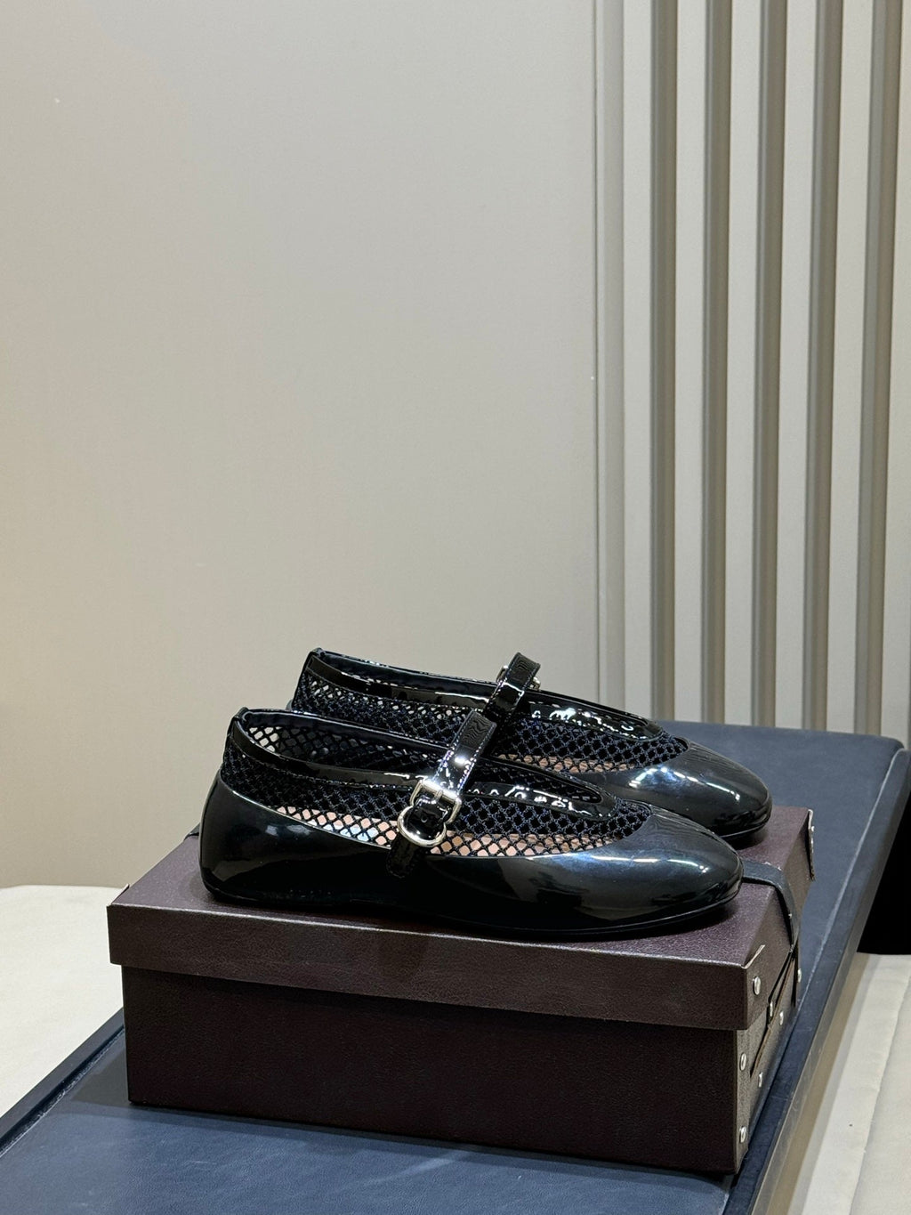 ALAIA 26S MARY JANE BALLET FLATS IN BLACK MESH AND GLOSSY CALFSKIN