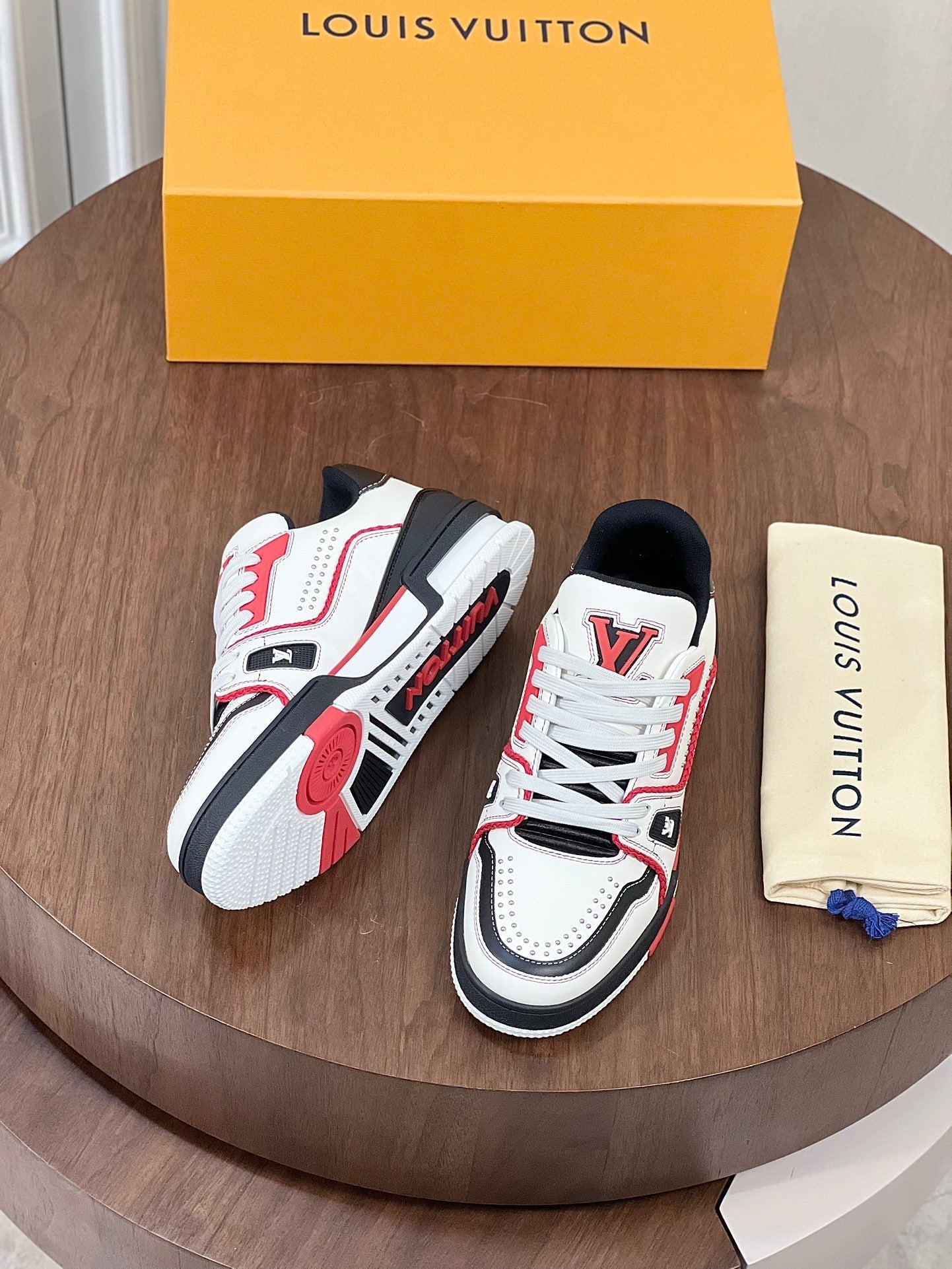 LV TRAINER WHITE MIX BLACK AND RED MONOGRAM CALFSKIN