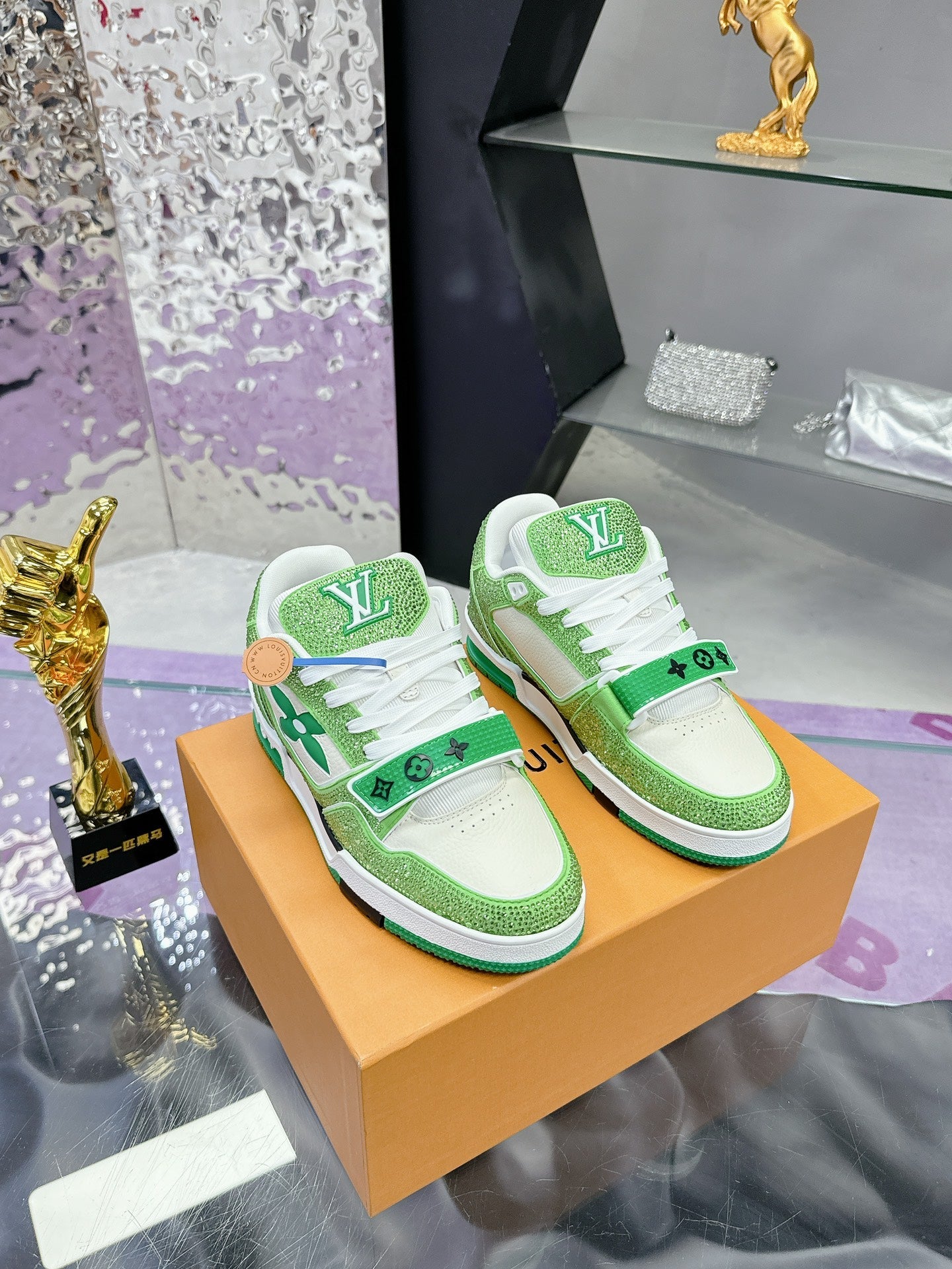 LV 26S TRAINER SNEAKERS IN LIME GREEN WHITE CALFSKIN WITH RHINESTONE