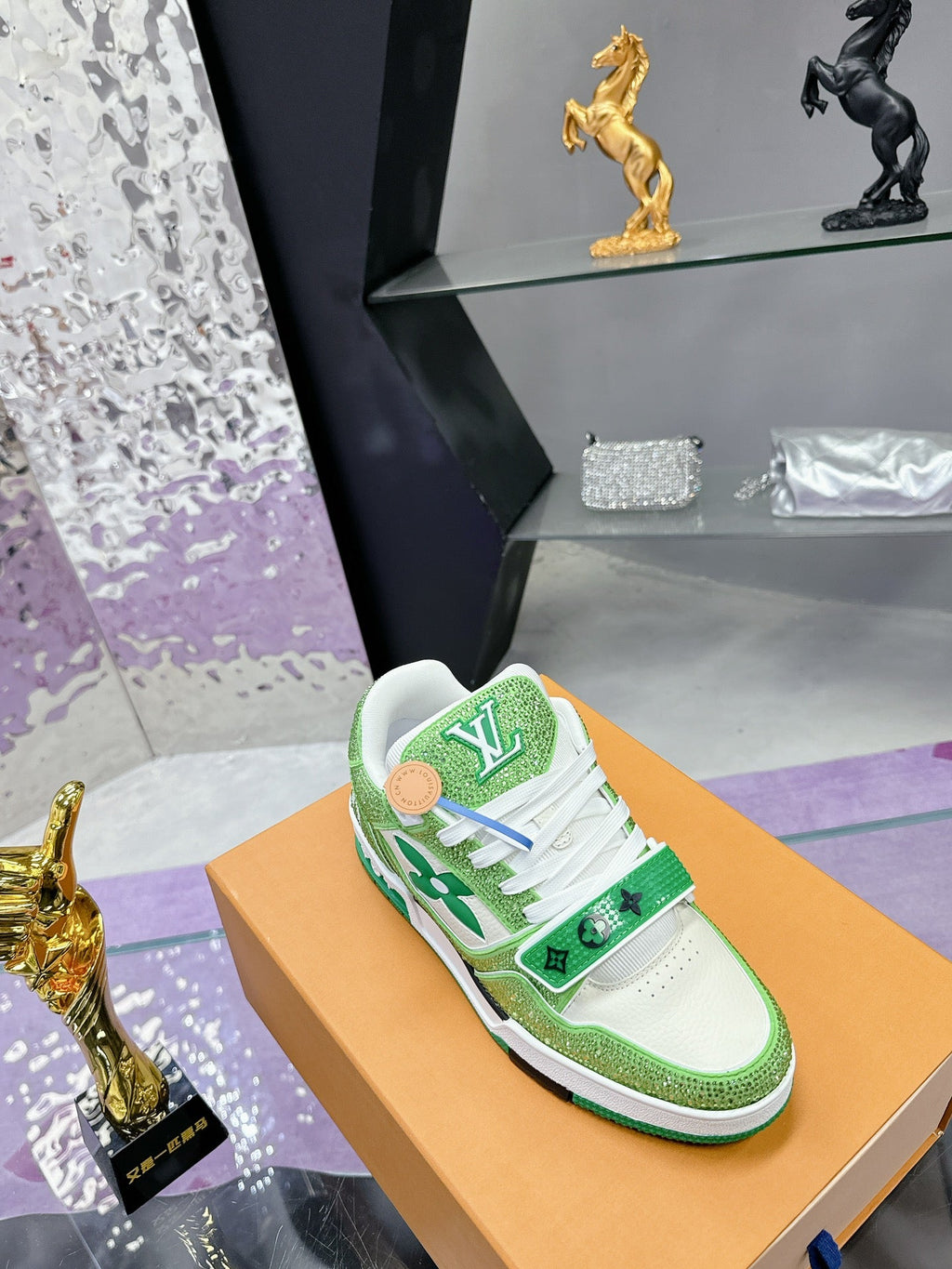 LV 26S TRAINER SNEAKERS IN LIME GREEN WHITE CALFSKIN WITH RHINESTONE