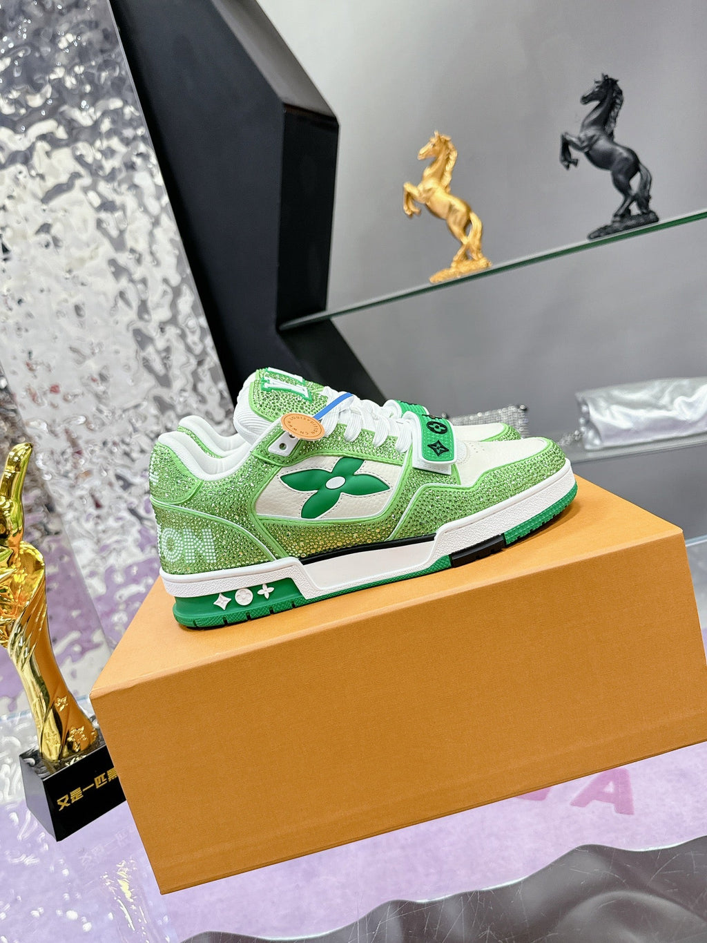 LV 26S TRAINER SNEAKERS IN LIME GREEN WHITE CALFSKIN WITH RHINESTONE