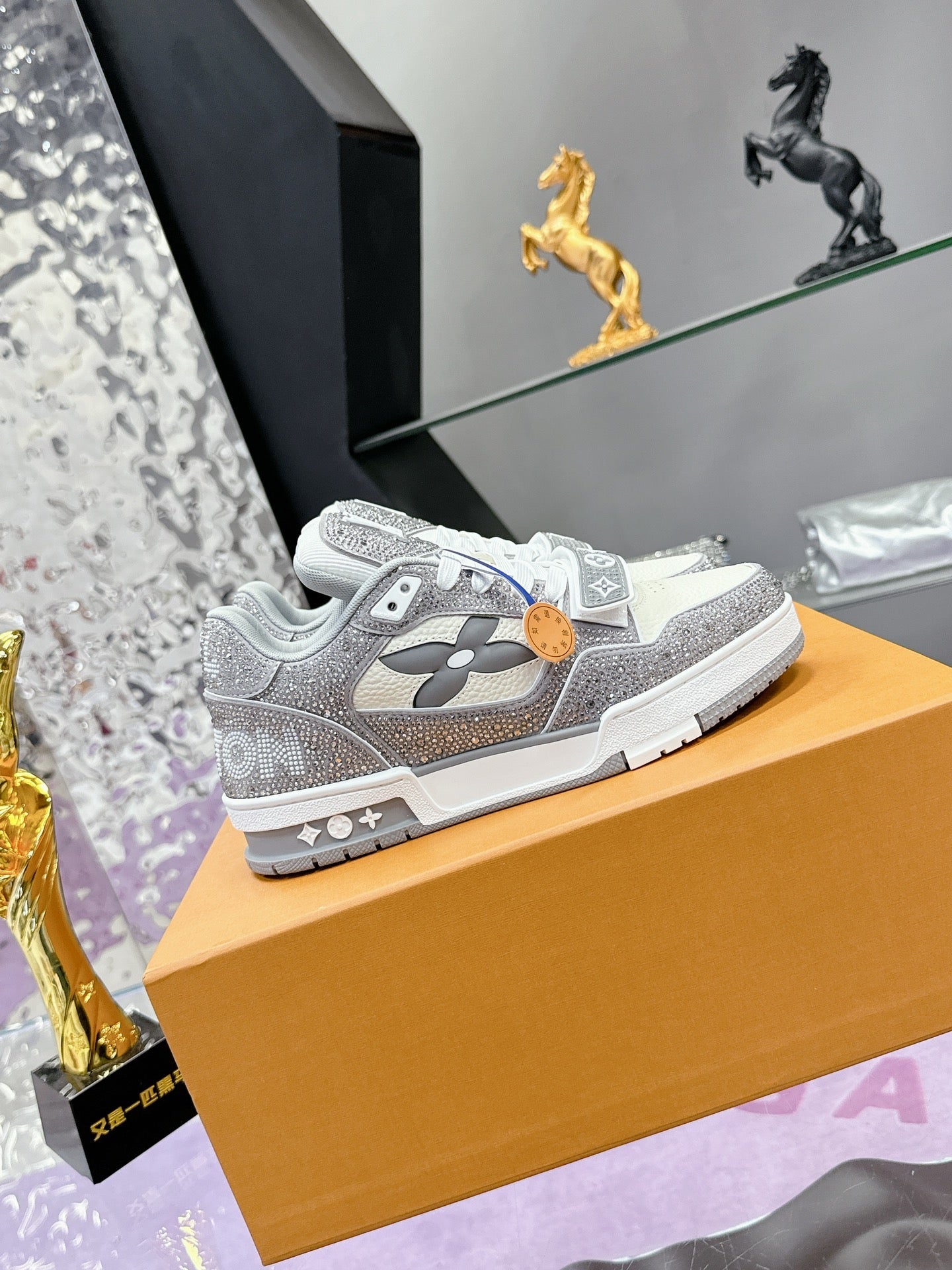 LV 26S TRAINER SNEAKERS IN WHITE GREY CALFSKIN WITH RHINESTONE
