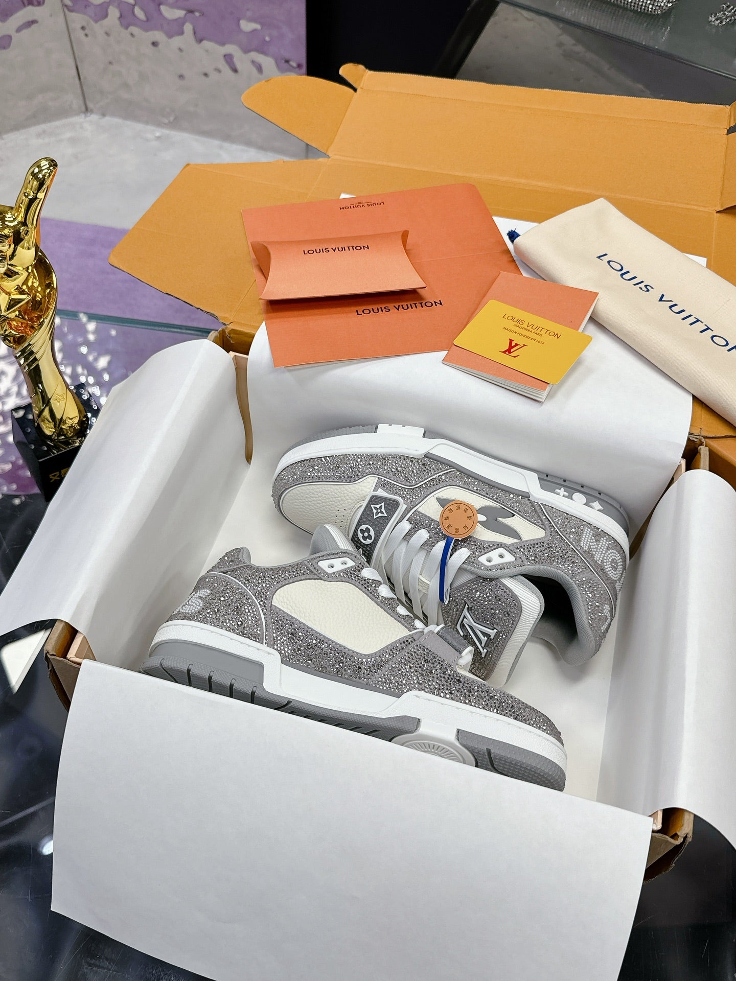 LV 26S TRAINER SNEAKERS IN WHITE GREY CALFSKIN WITH RHINESTONE