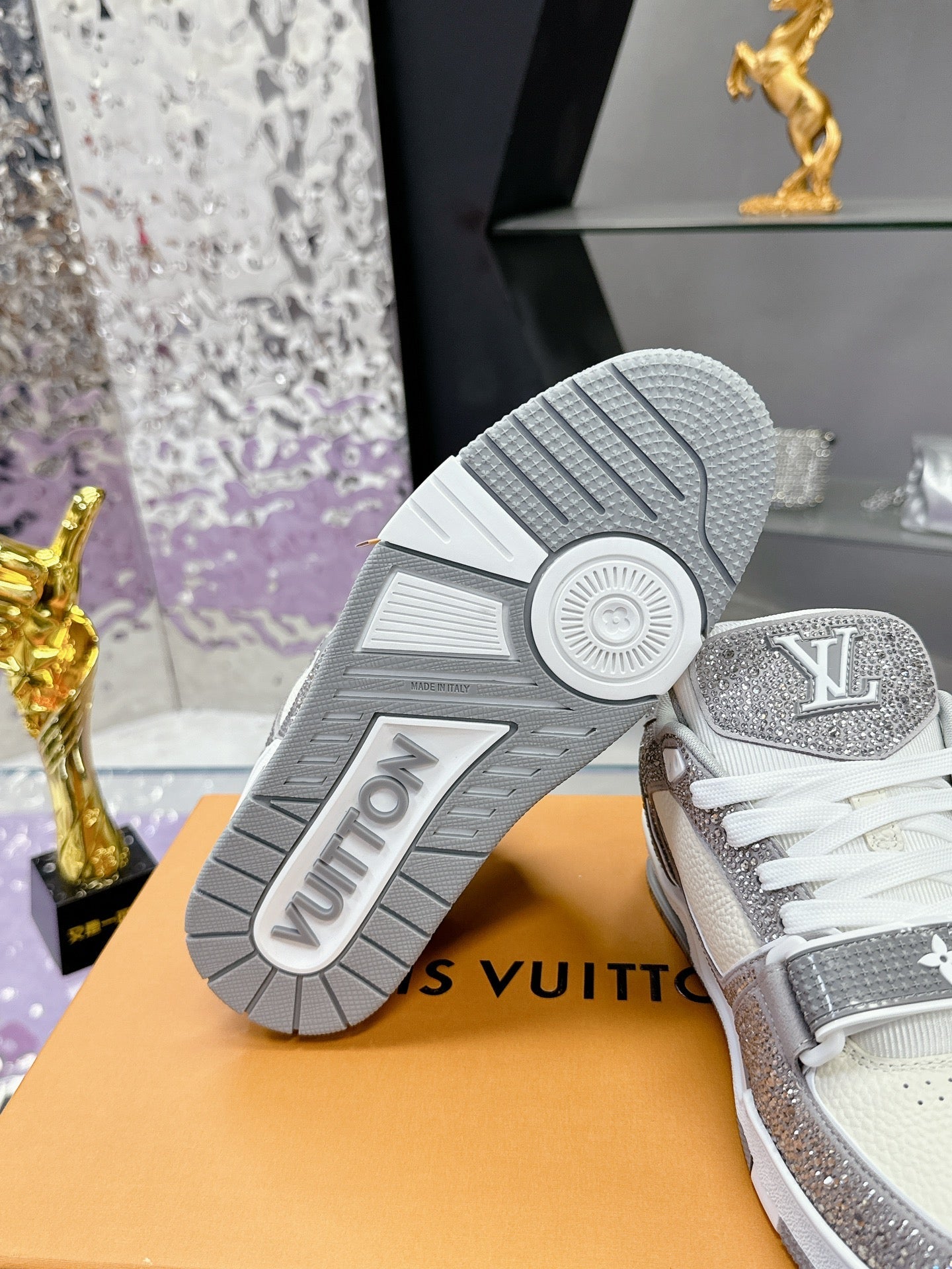 LV 26S TRAINER SNEAKERS IN WHITE GREY CALFSKIN WITH RHINESTONE
