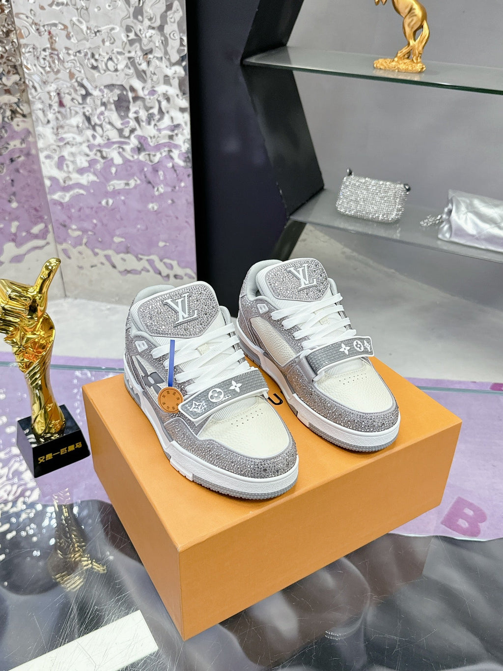 LV 26S TRAINER SNEAKERS IN WHITE GREY CALFSKIN WITH RHINESTONE